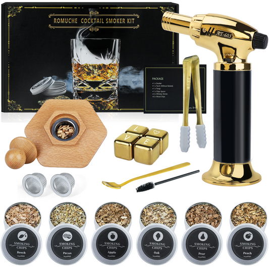 ROMUCHE Cocktail Smoker Kit , Bourbon Smoker Kit with Torch 6 Flavors Wood Chips, Whiskey Old Fashion Cocktai Smoker Kit for Valentine's Day Gifts Cocktail Whiskey Lovers Men Husband Gifts (No Butane)-H8060