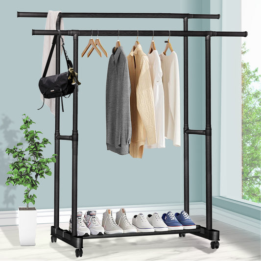 ROMUCHE Garment Rack Metal Double Rod Clothes Rack Portable Rolling Clothing Rack Hanging Coat Rack with Wheels Adjustable Closet Drying Rack Organizer for Bedroom Living Room Clothing Store Black-G00022