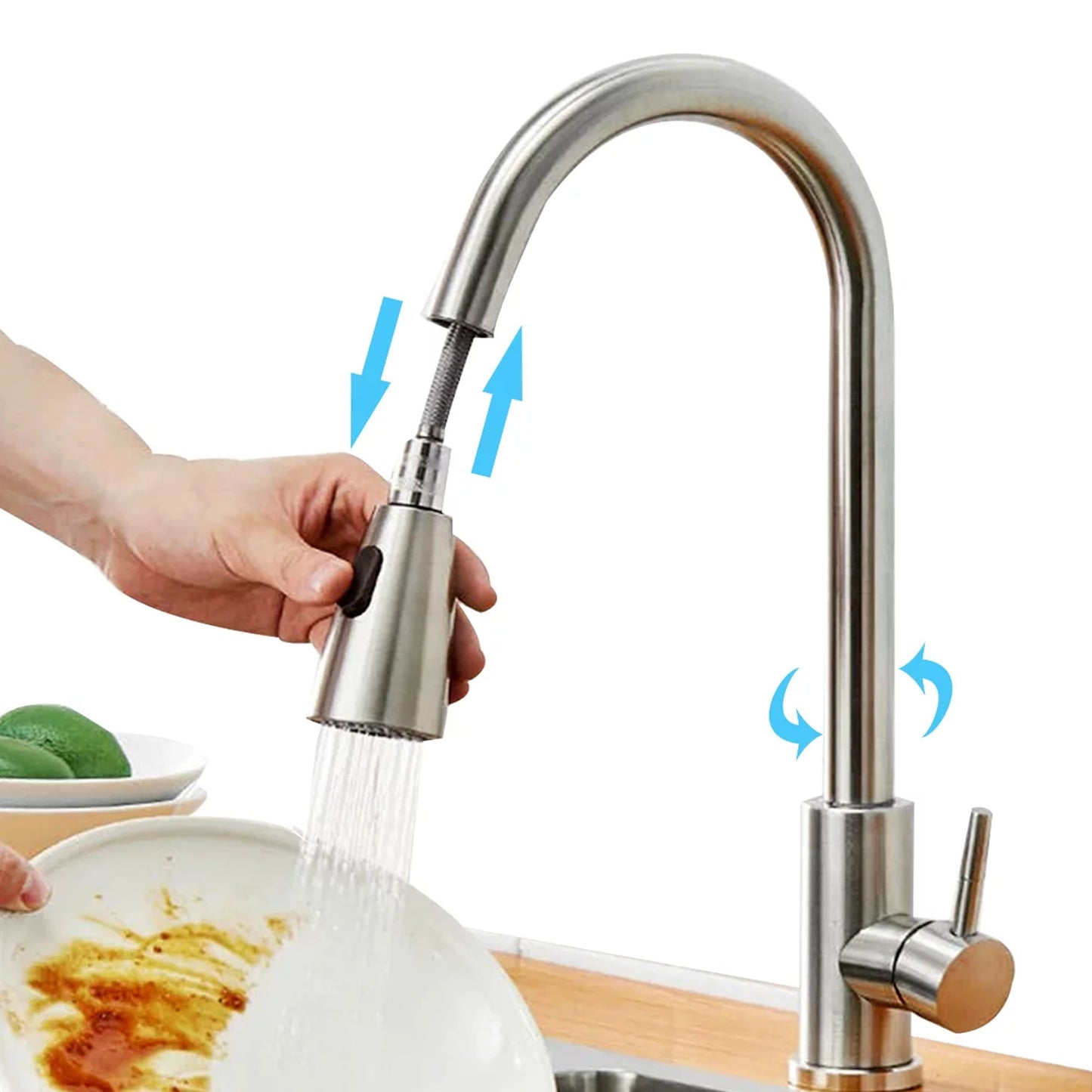 ROMUCHE Kitchen Sink Faucet with Pull Down Sprayer, Single Handle High Arc Brushed Nickel Pull Out Kitchen 360° Water Tap with 2 Modes Durable Stainless Steel Sink Faucet -G00014