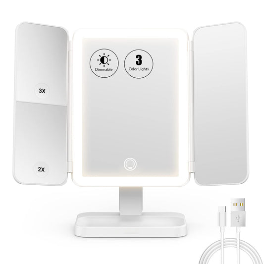 ROMUCHE Makeup Mirror with Lights 1X 2X 3X Magnification Vanity Mirror Touch Screen Switch with 72 LED Portable Trifold Makeup Mirror Cosmetic Lighted Up Mirror -G00061