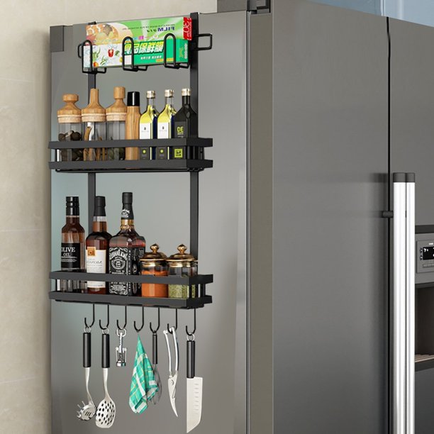 ROMUCHE Refrigerator Side Storage Rack 3 Tier Metal Fridge Spice Rack with 7 Utility Hooks Storage Hanging Organizer for Kitchen -G00013